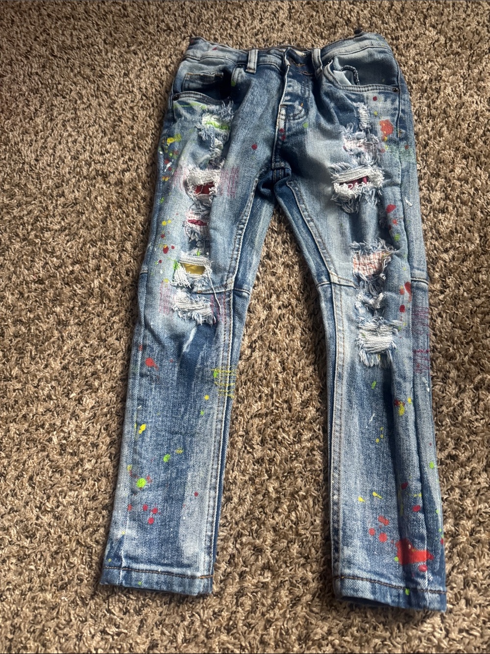 Kids Light Blue Distressed Paint-Splatter Jeans